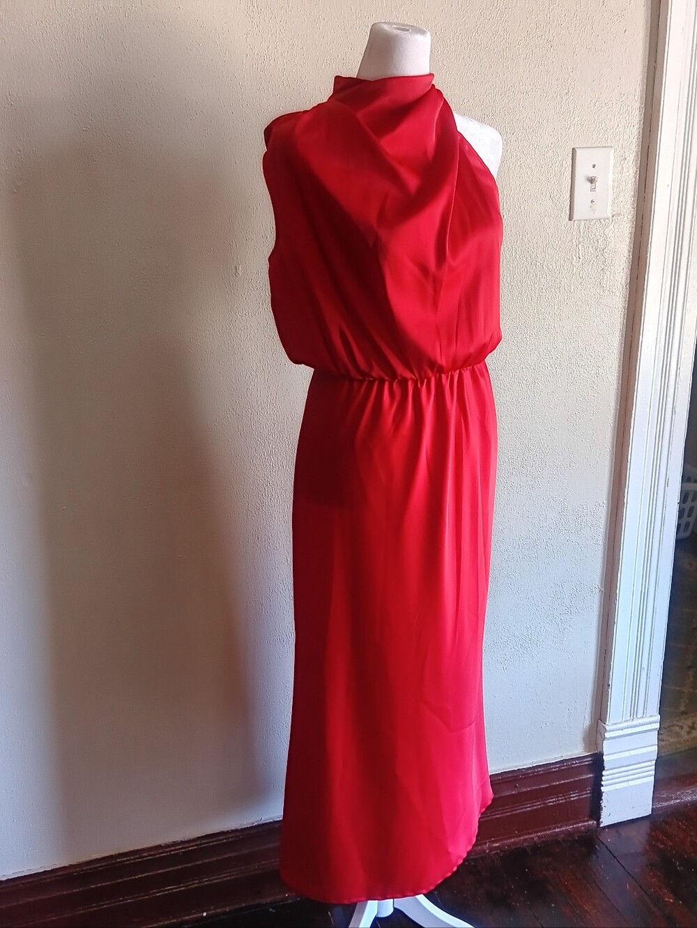 BTFBM Silky Sexy Red Halter Maxi Dress Size Small, Eladtic Waist, Cold Shoulder - Picture 3 of 8